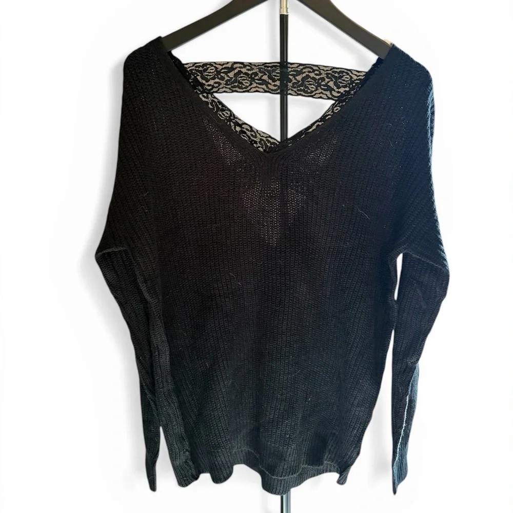 NWT Proof Apparel Black Lace Back Sweater Size Large V Neck Lightweight - Picture 3 of 4